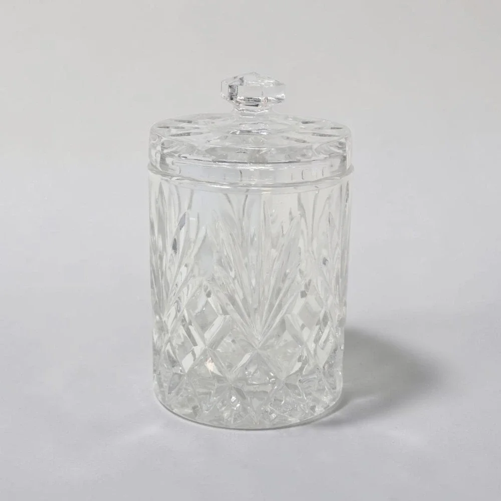 Cut Lead Crystal Biscuit Jar Lidded Diamond Fan Pattern Faceted Knob Candy Dish